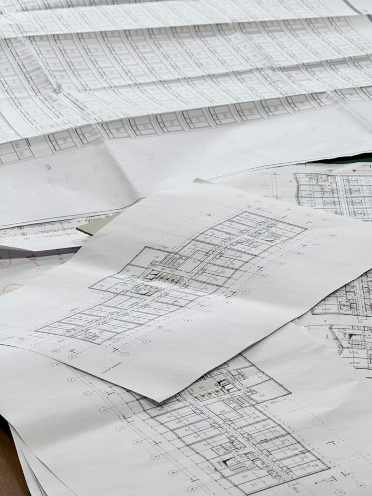 Construction plans on a table